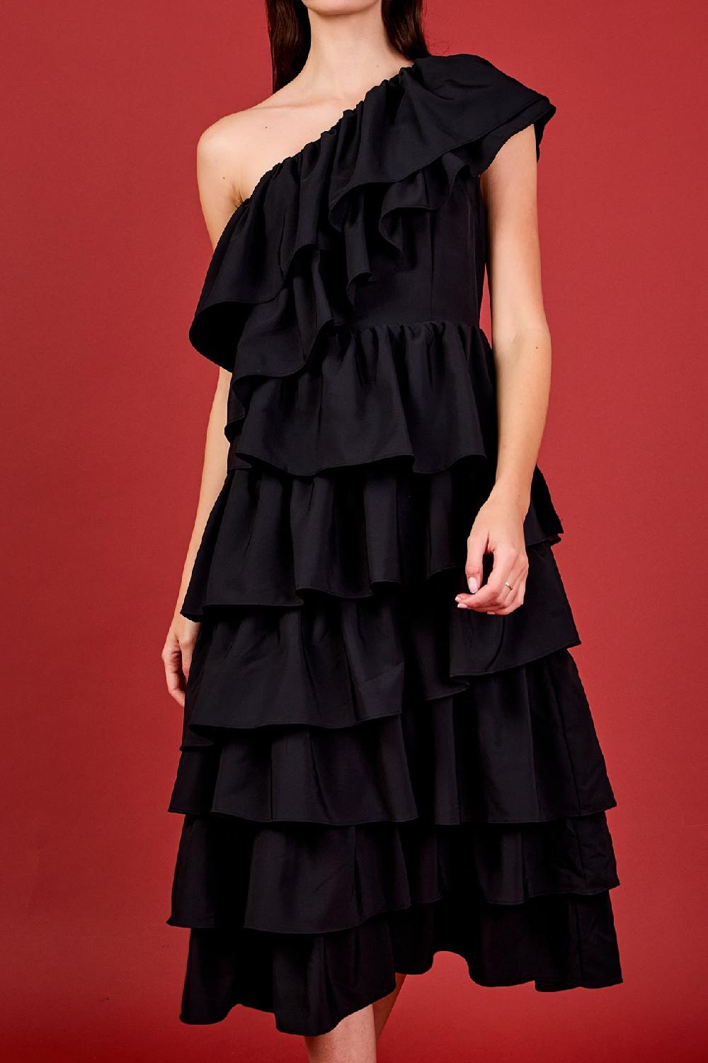Endless Rose One Shoulder Tiered Maxi Dress BLACK