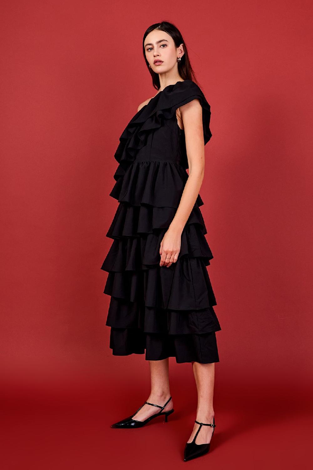 Endless Rose One Shoulder Tiered Maxi Dress BLACK