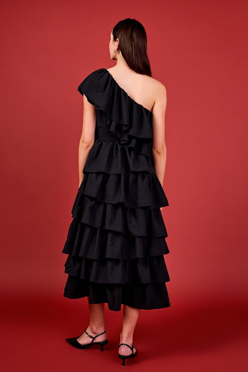 Endless Rose One Shoulder Tiered Maxi Dress BLACK