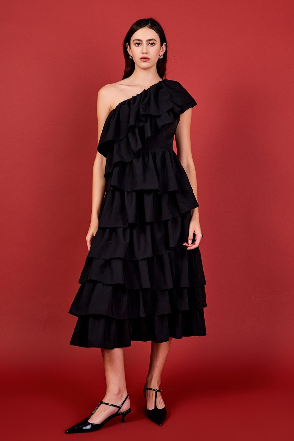 endless rose One Shoulder Tiered Maxi Dress BLACK