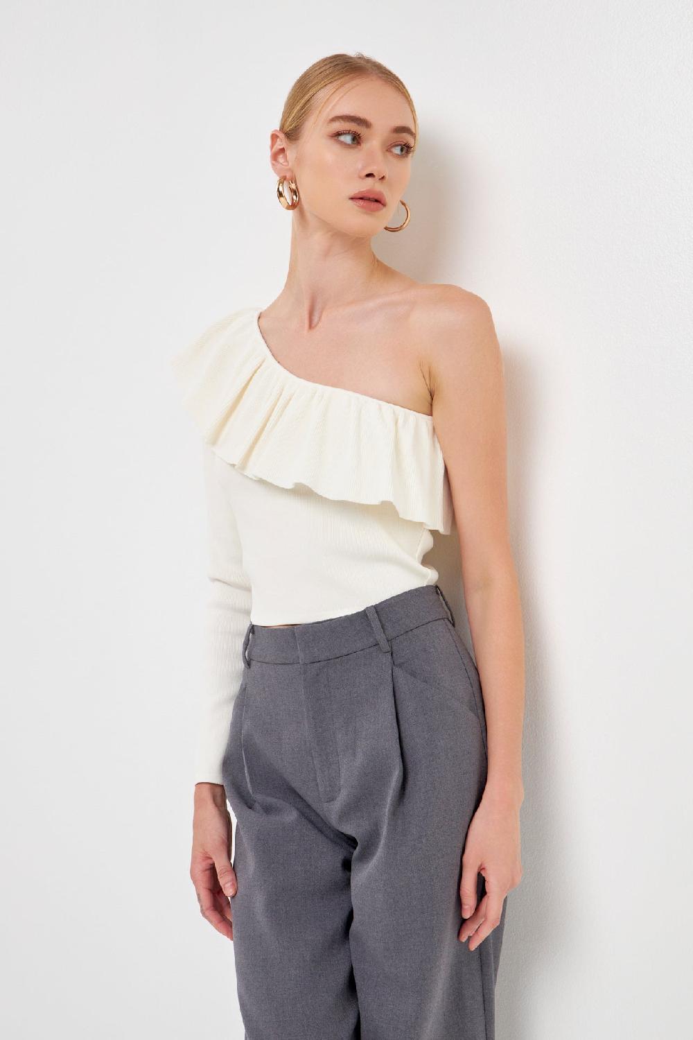 endless rose One Shoulder Top With Ruffle WHITE