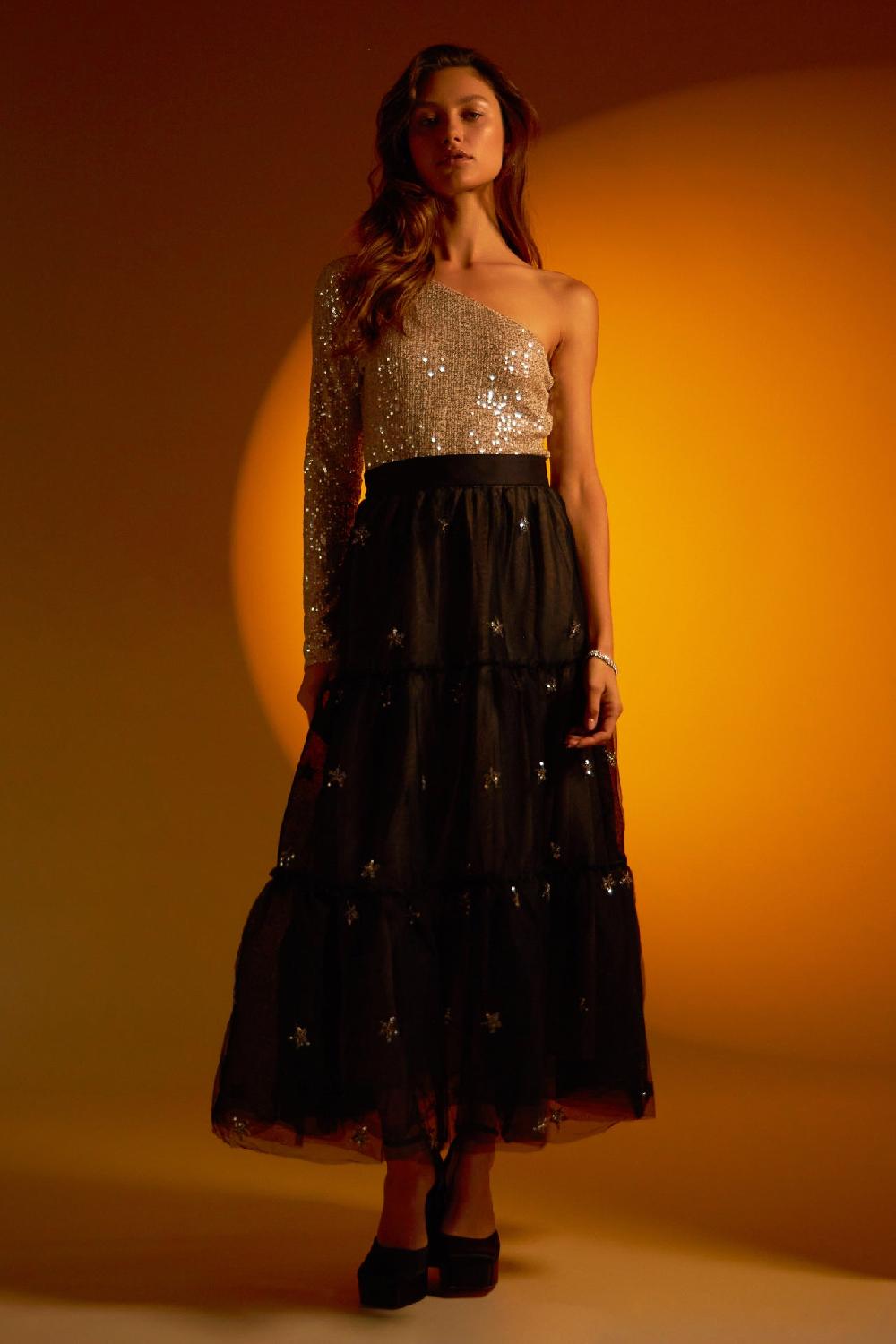 endless rose One Sleeve Sequin Crop Top IVORY