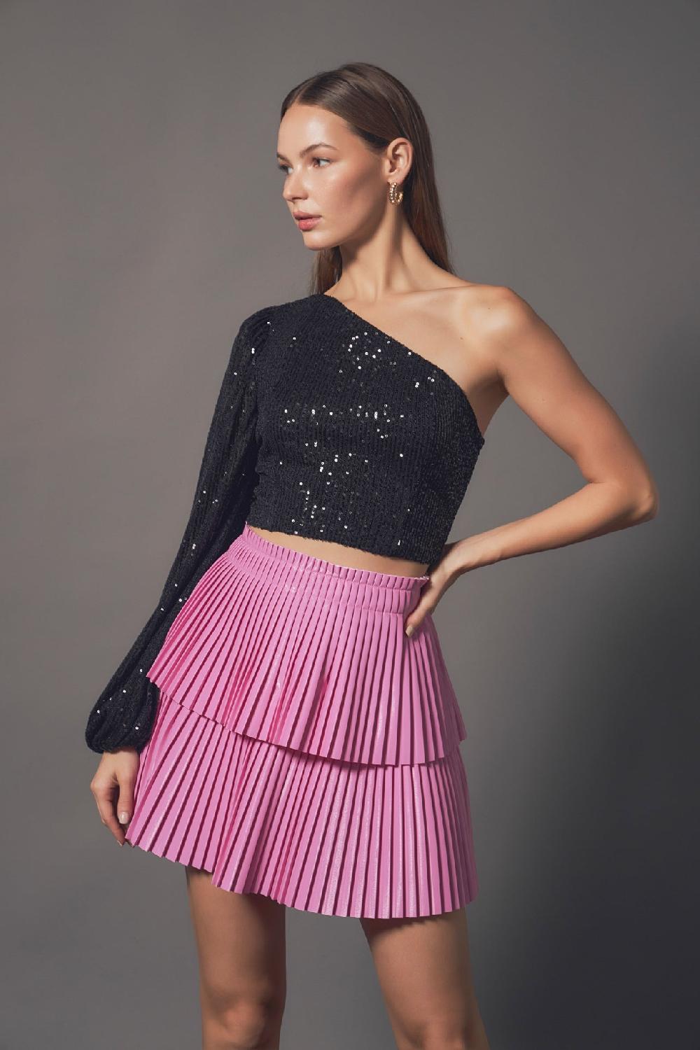 endless rose One Sleeve Sequin Top BLACK