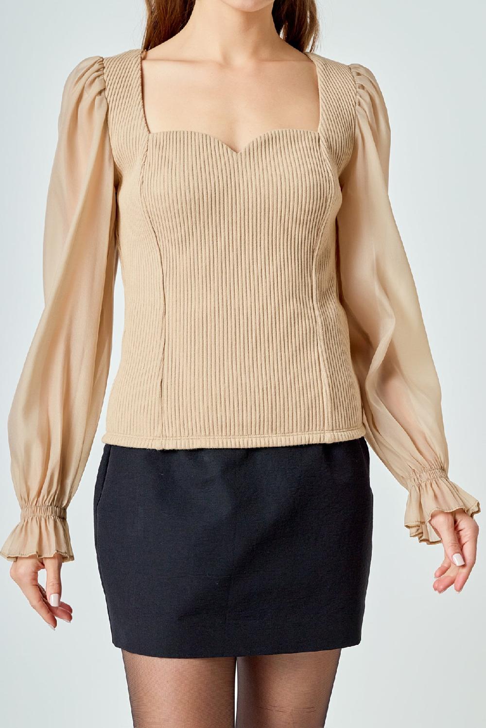 Endless Rose Organza Sleeve Knit Top TAUPE