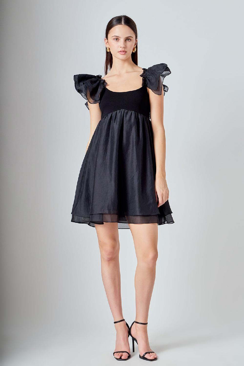 endless rose Organza Sleeve Mini Dress BLACK