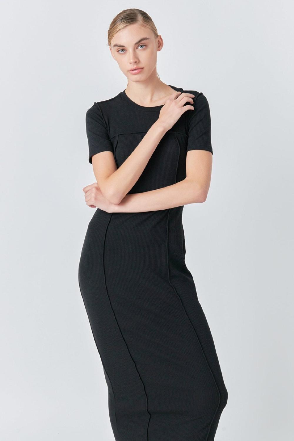 Endless Rose Overlock Piping Knit Maxi Dress BLACK