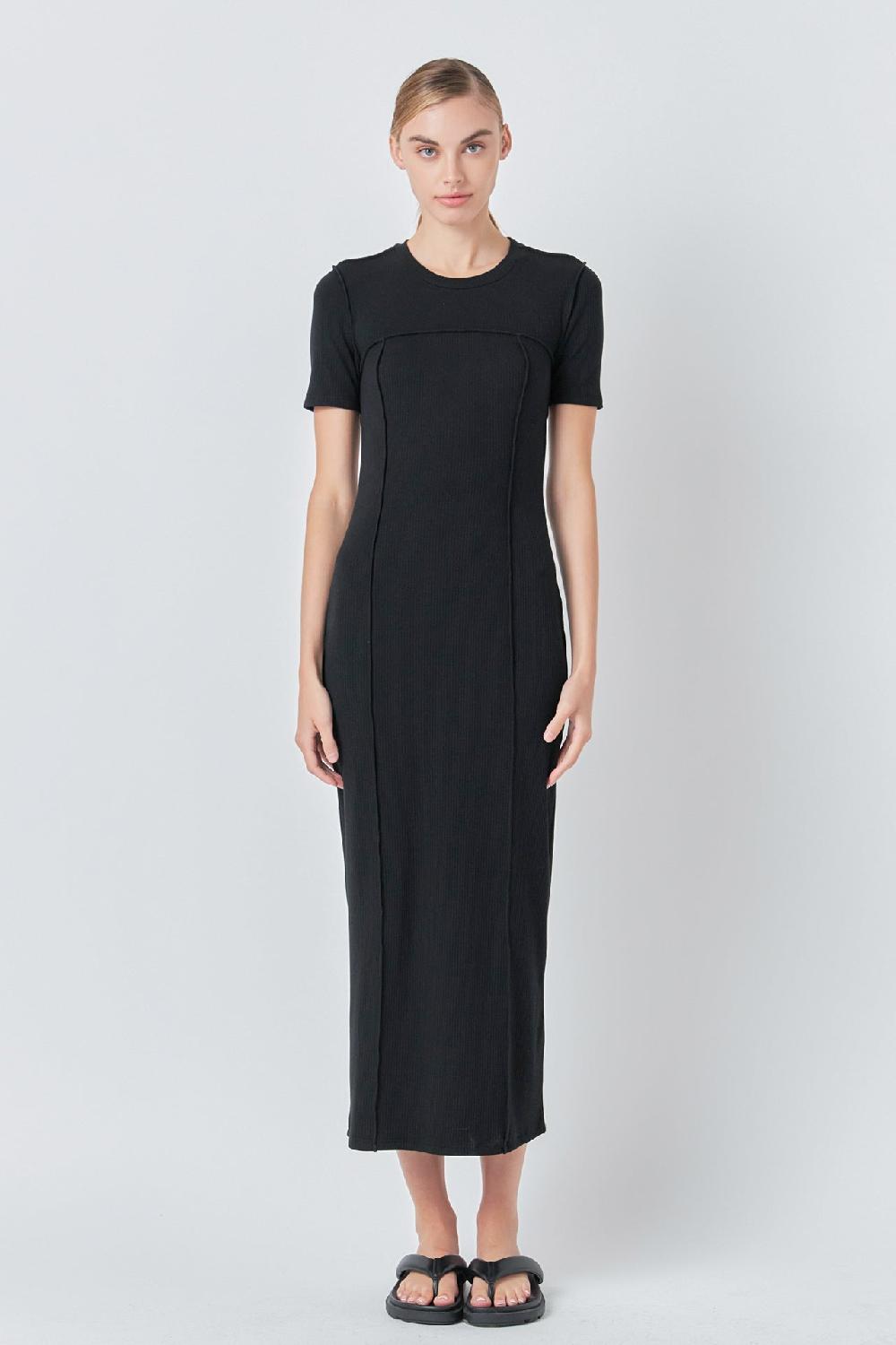 Endless Rose Overlock Piping Knit Maxi Dress BLACK