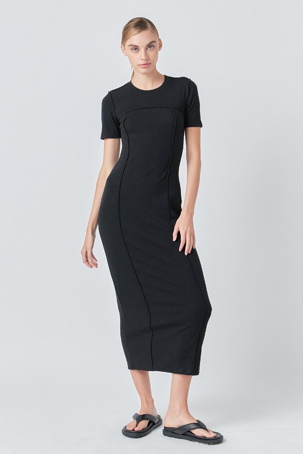 endless rose Overlock Piping Knit Maxi Dress BLACK
