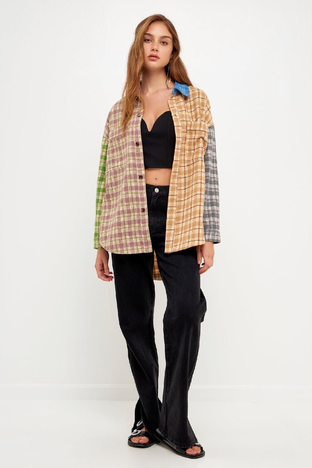 Endless Rose Oversize Plaid Colorblock Shirt MULTI
