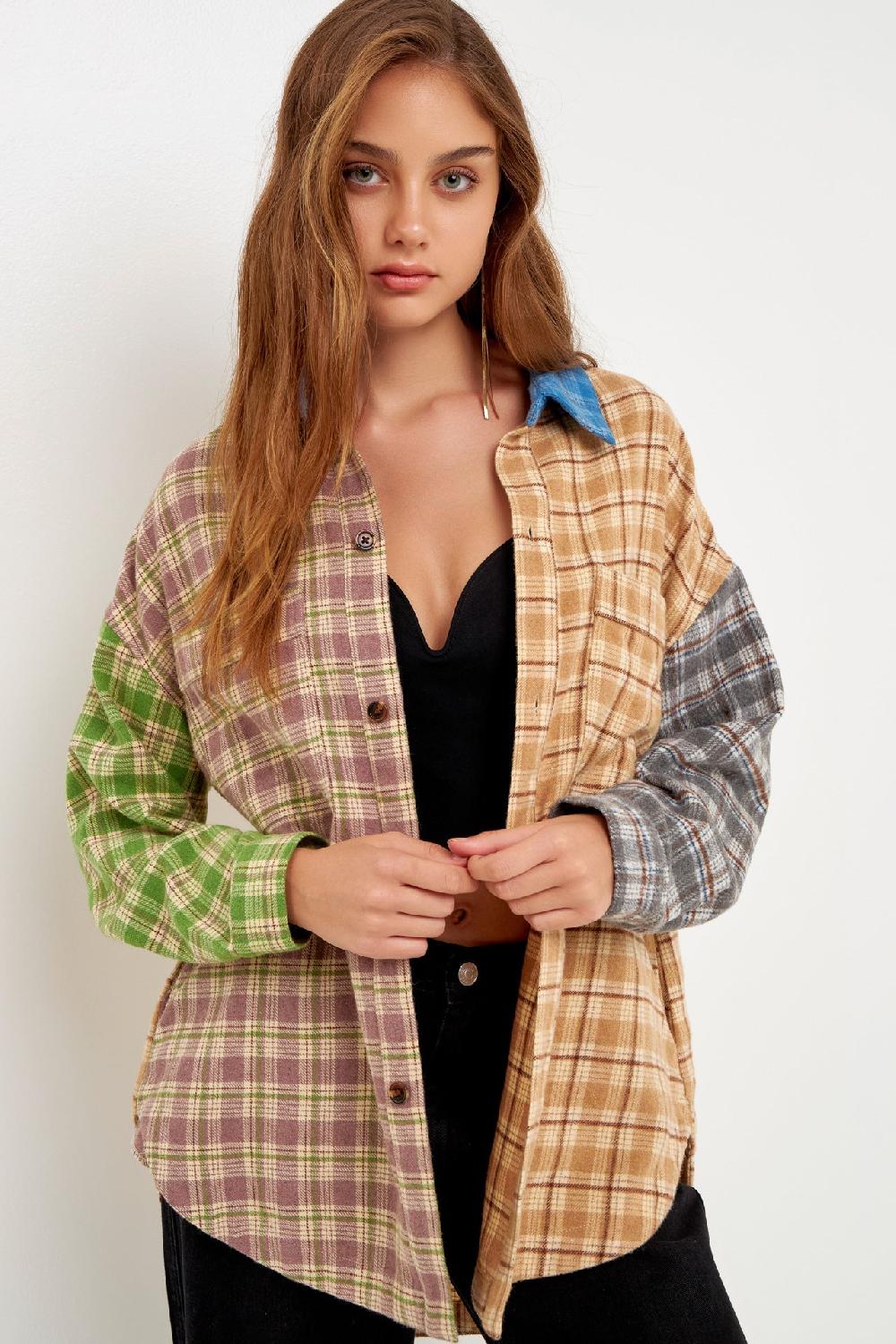 endless rose Oversize Plaid Colorblock Shirt MULTI