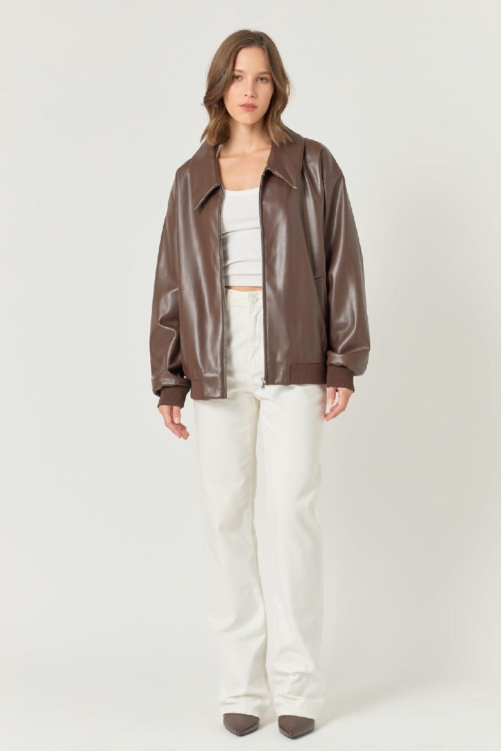 endless rose Oversized Faux Leather Jacket BROWN