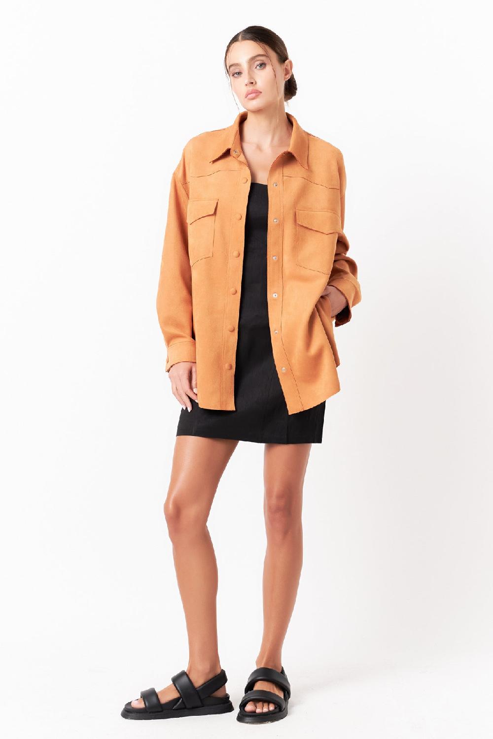 Endless Rose Oversized Faux Suede Shirt BROWN