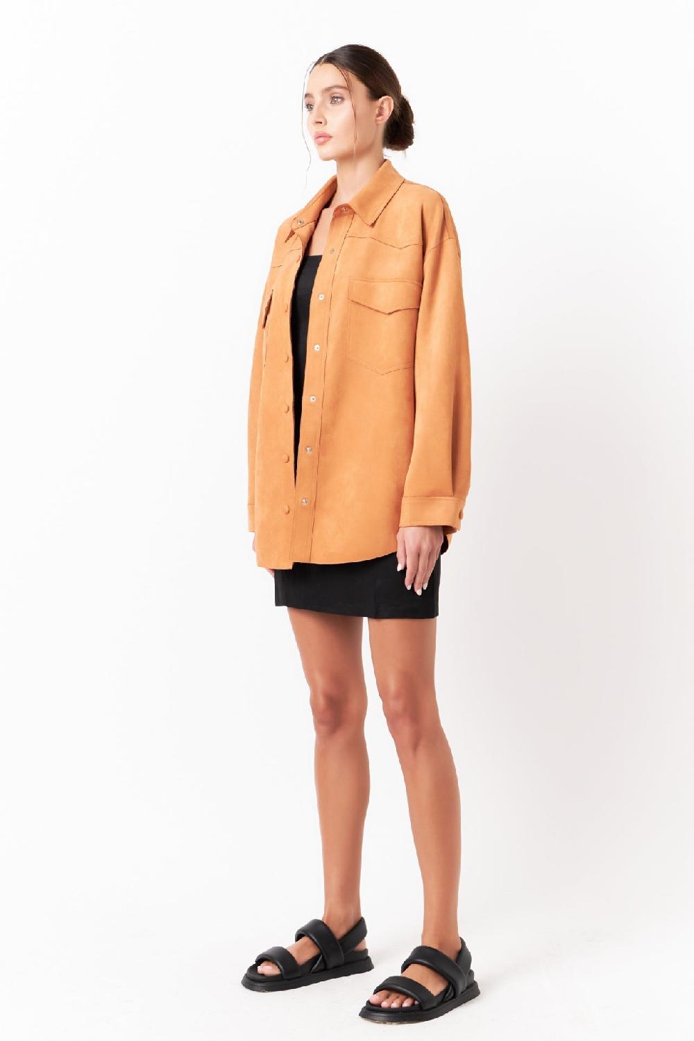 Endless Rose Oversized Faux Suede Shirt BROWN