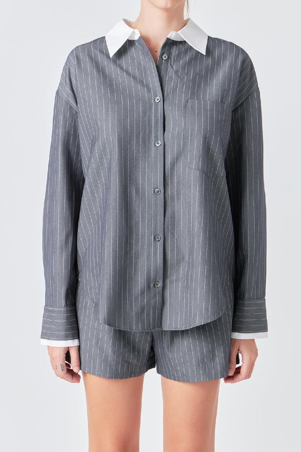 Endless Rose Oversized Pinstripe Shirt GREY
