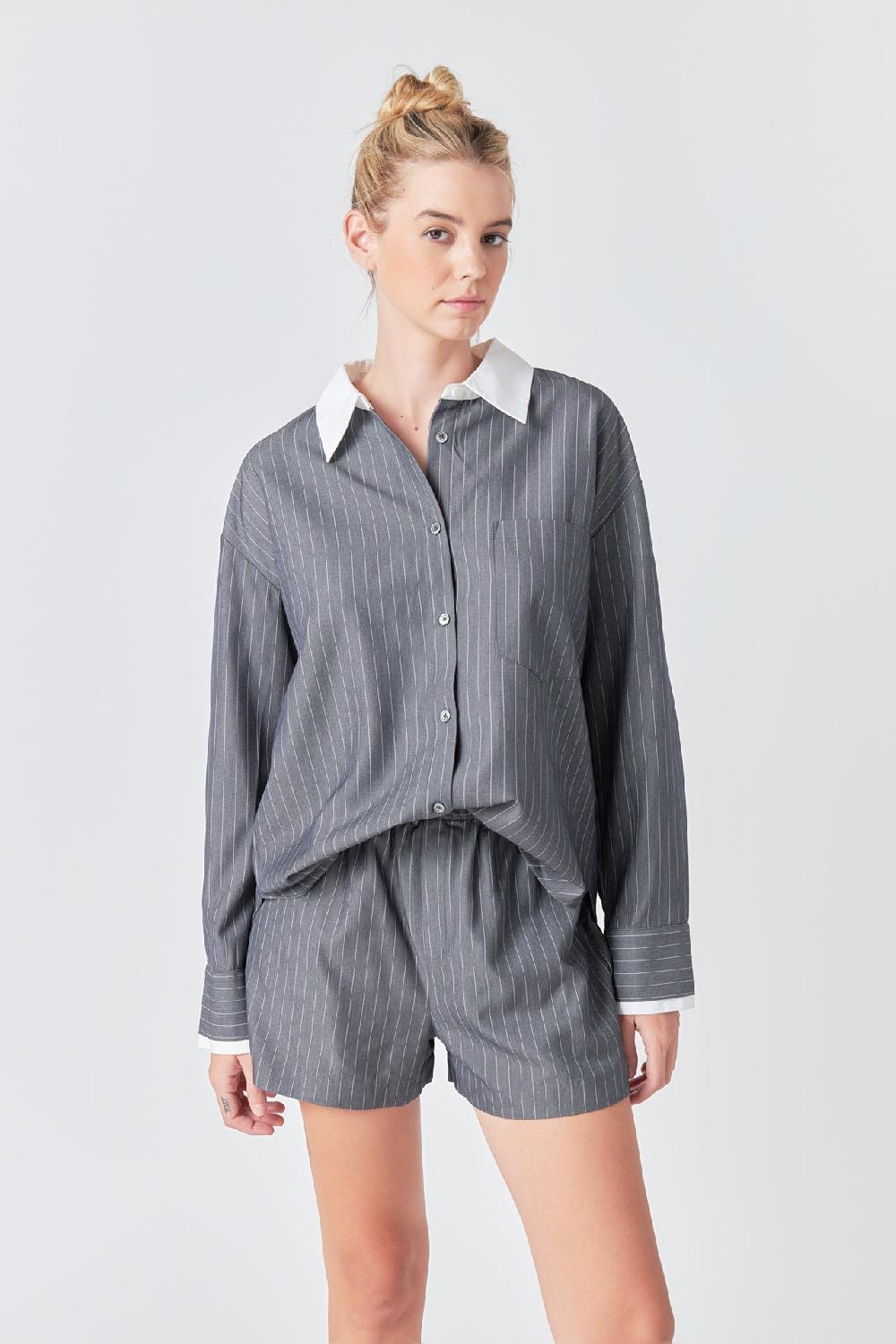 Endless Rose Oversized Pinstripe Shirt GREY