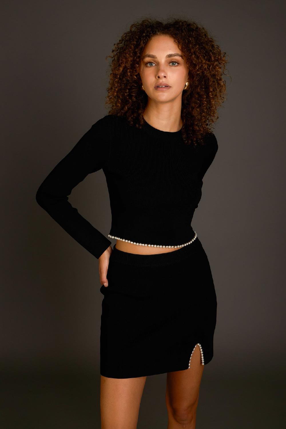 endless rose Pearl Accent Mock Neck Top BLACK