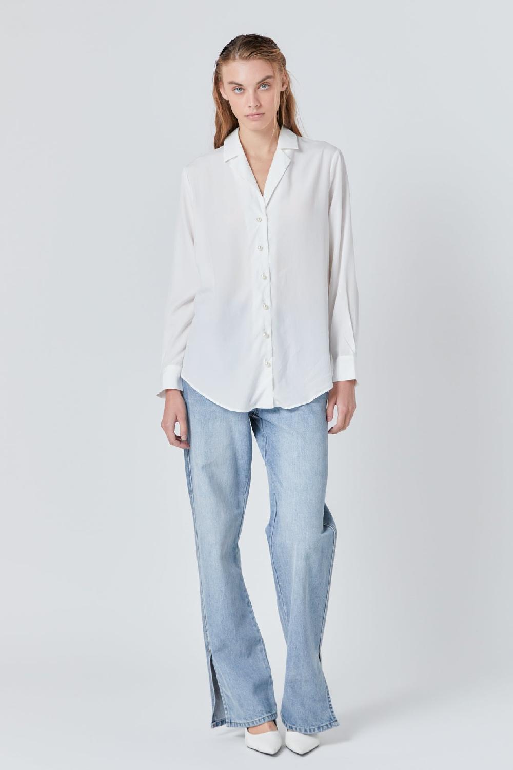 Endless Rose Pearl Button Collared Shirt WHITE