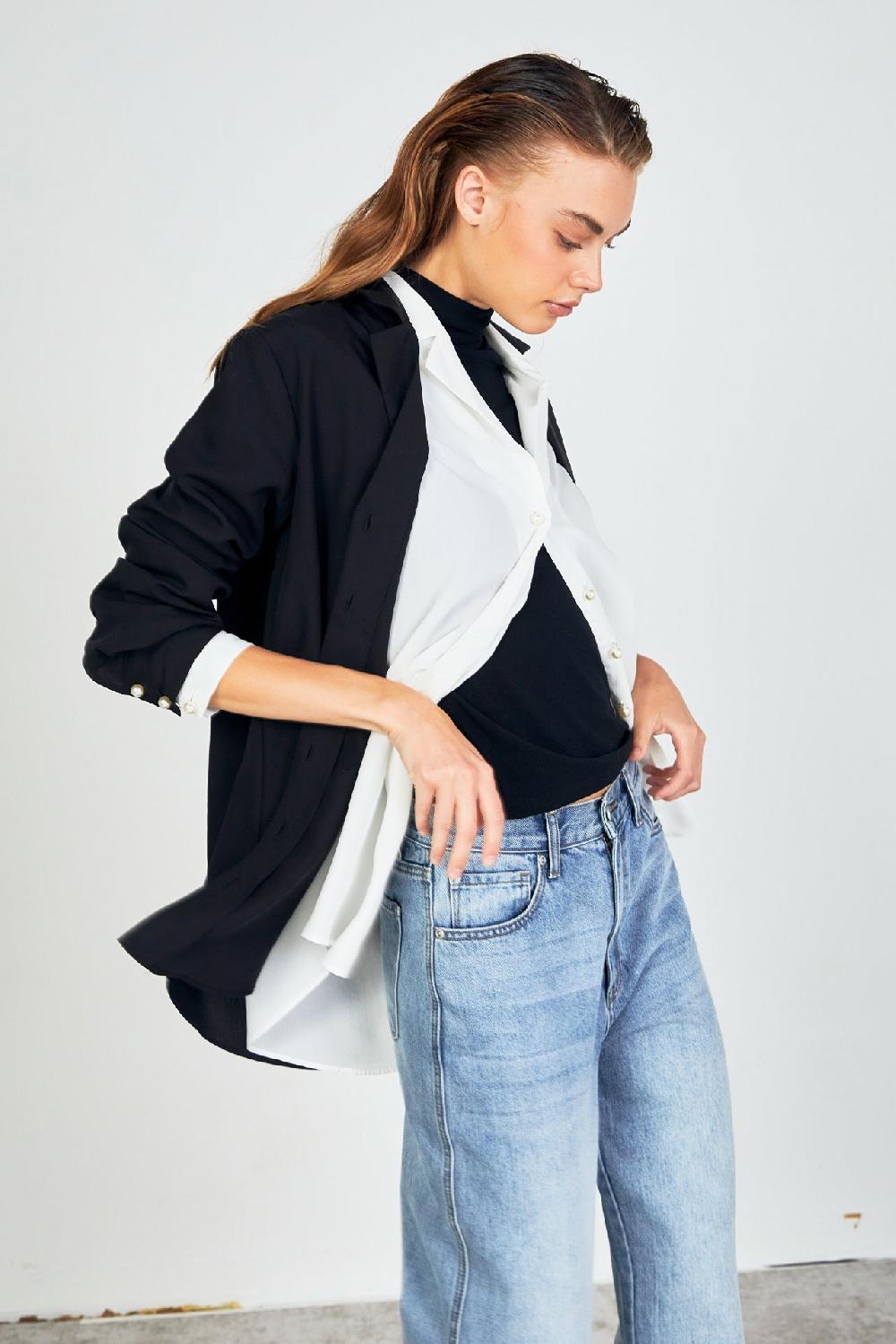 Endless Rose Pearl Button Collared Shirt WHITE