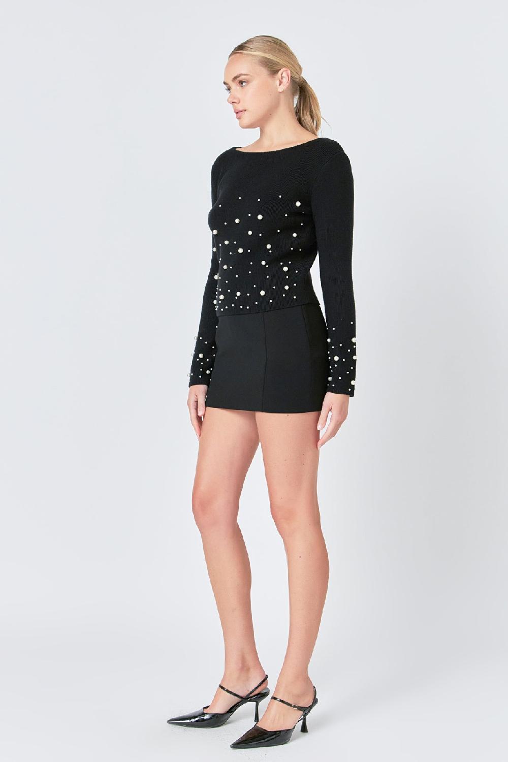 Endless Rose Pearl Embellished Sweater BLACK