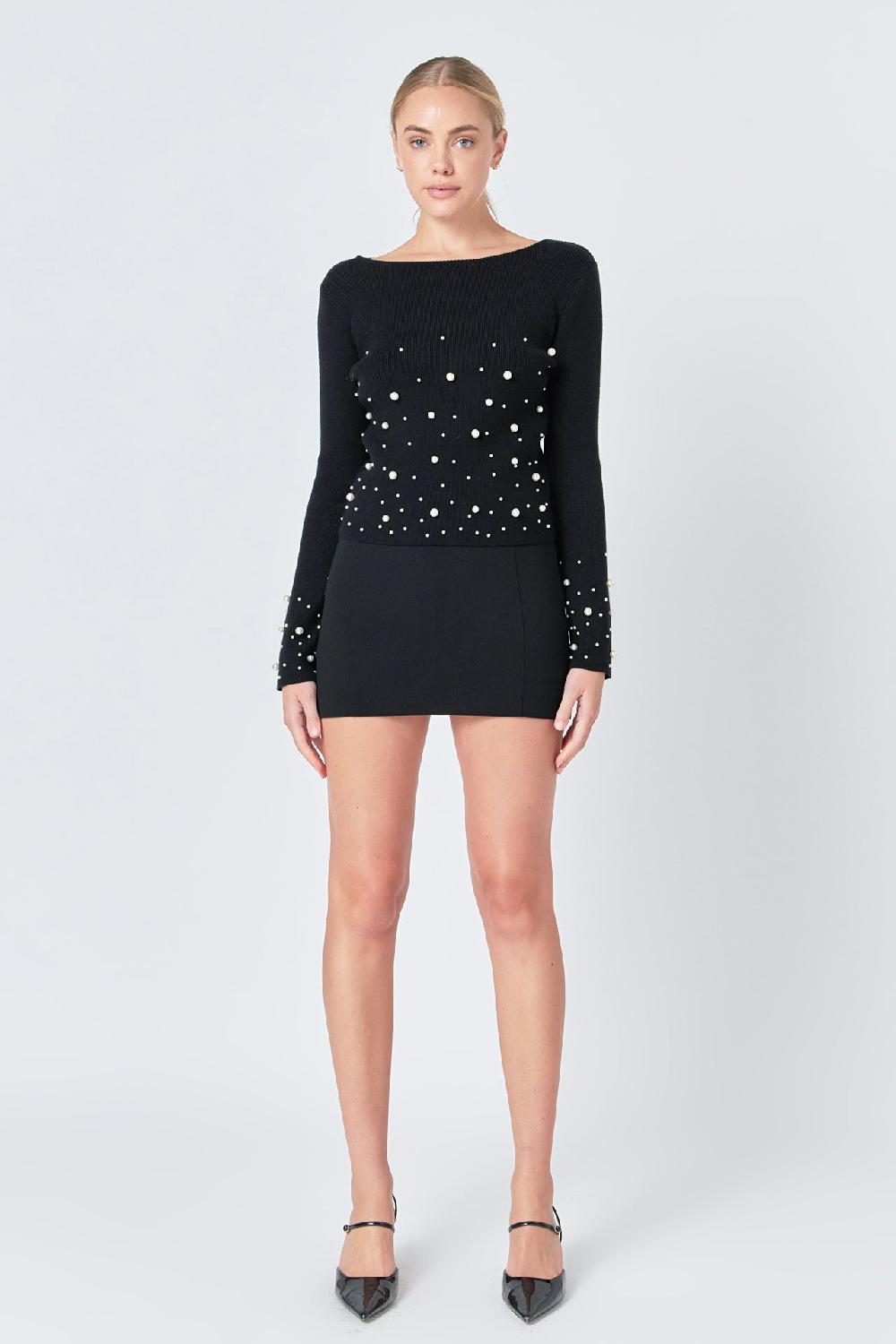 endless rose Pearl Embellished Sweater BLACK