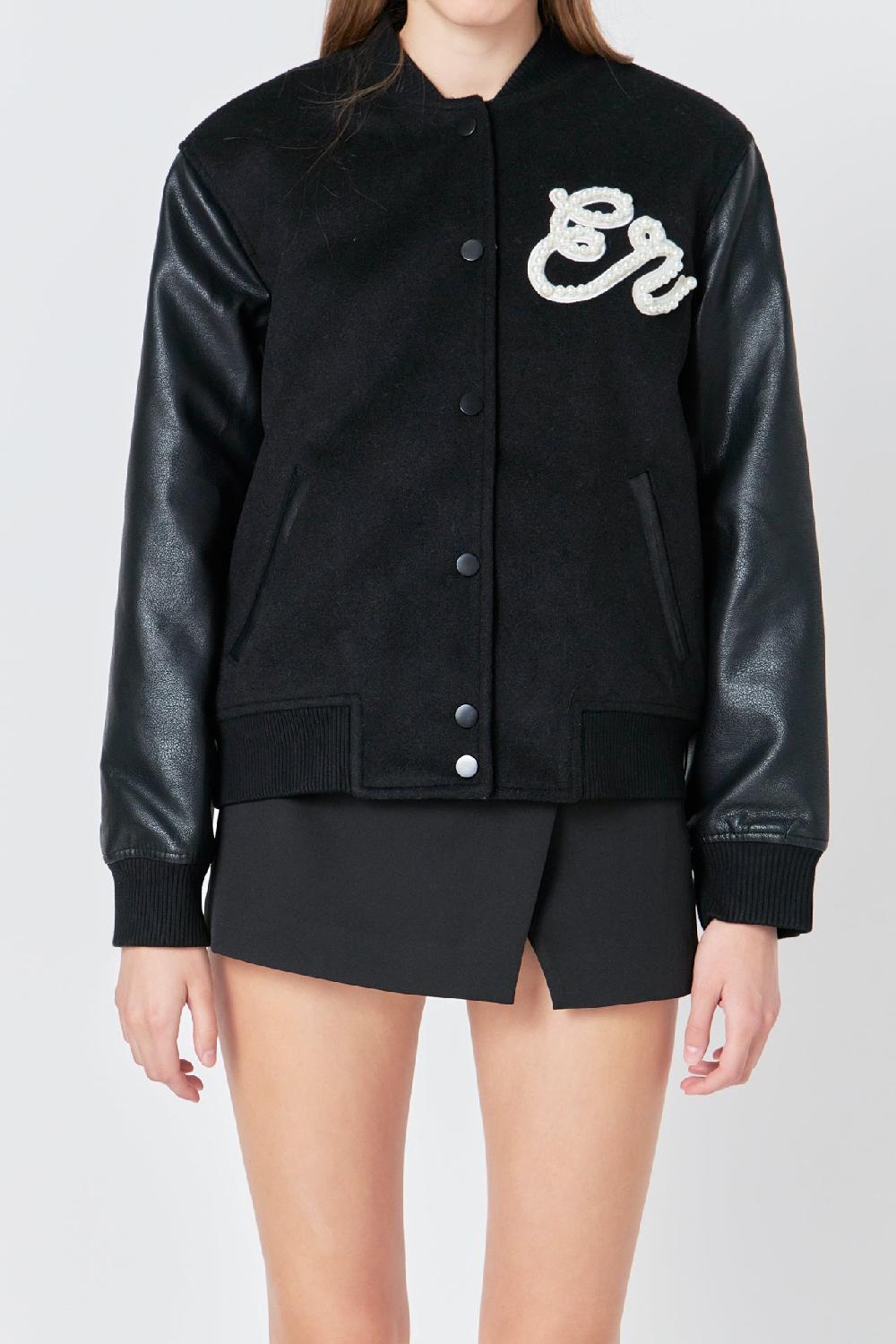 Endless Rose Pearl Trim Bomber Jacket BLACK