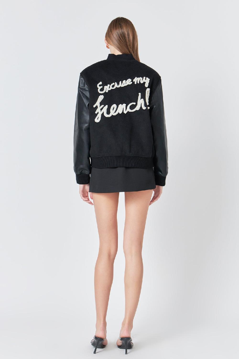 Endless Rose Pearl Trim Bomber Jacket BLACK