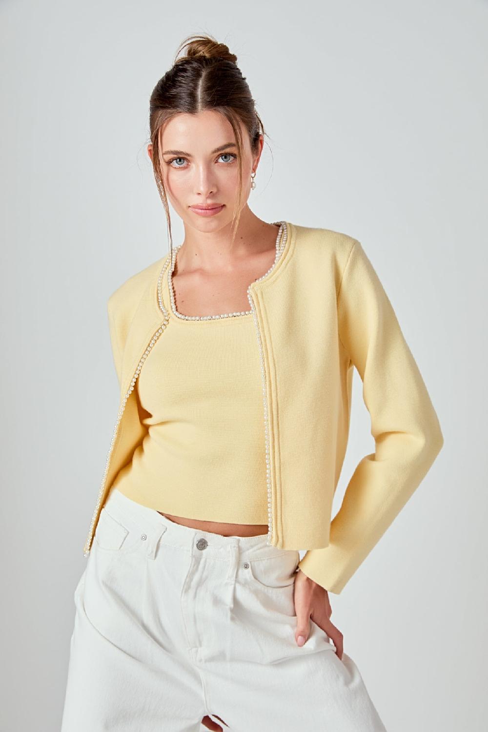 endless rose Pearl Trim Knit Cardigan BUTTER