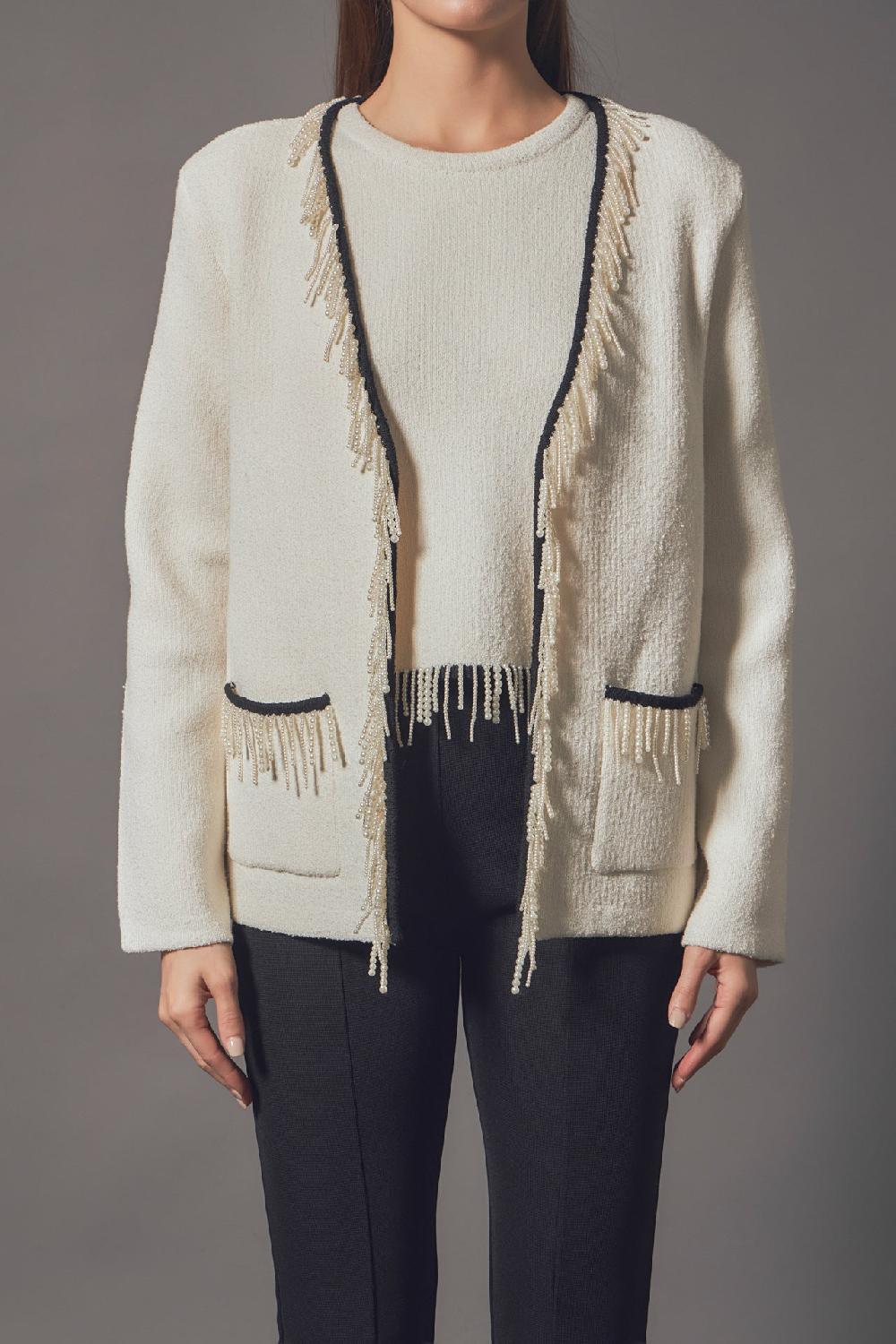 Endless Rose Pearl Trim Knit Cardigan CREAM