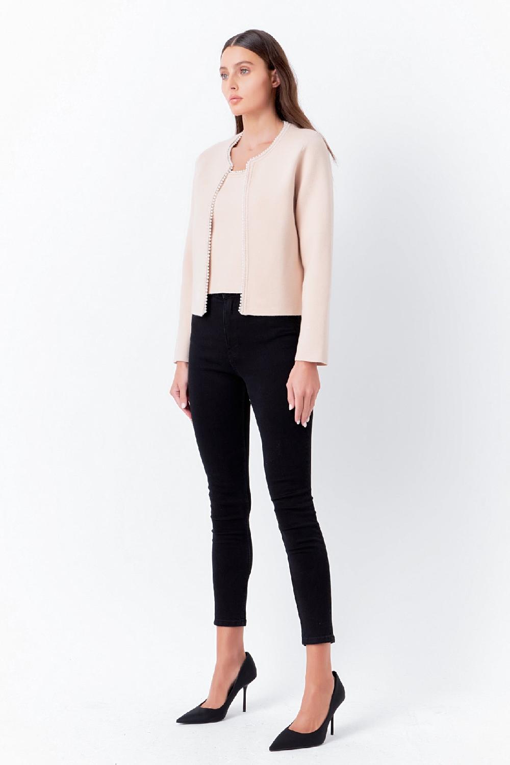 Endless Rose Pearl Trim Knit Cardigan TAUPE