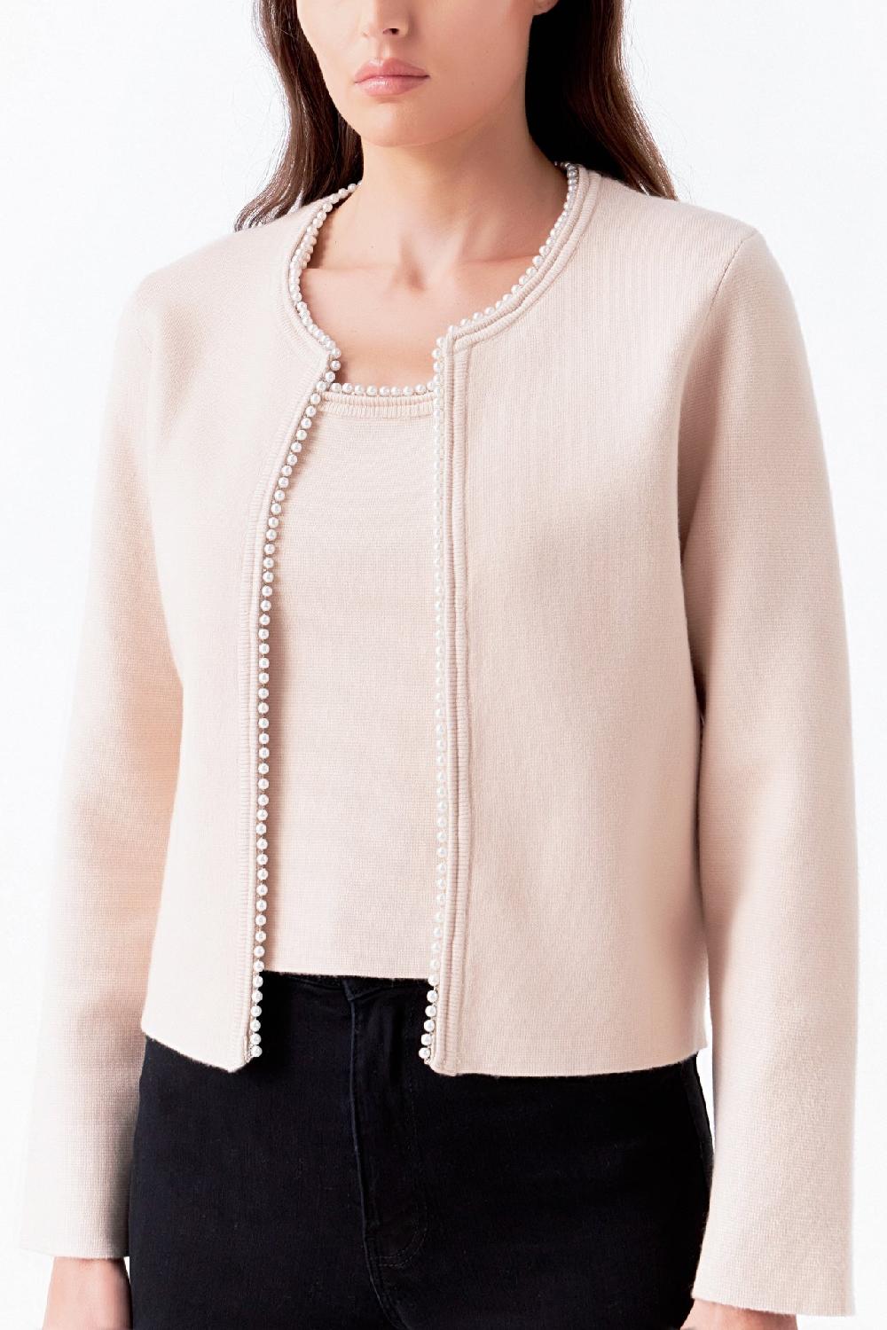 Endless Rose Pearl Trim Knit Cardigan TAUPE