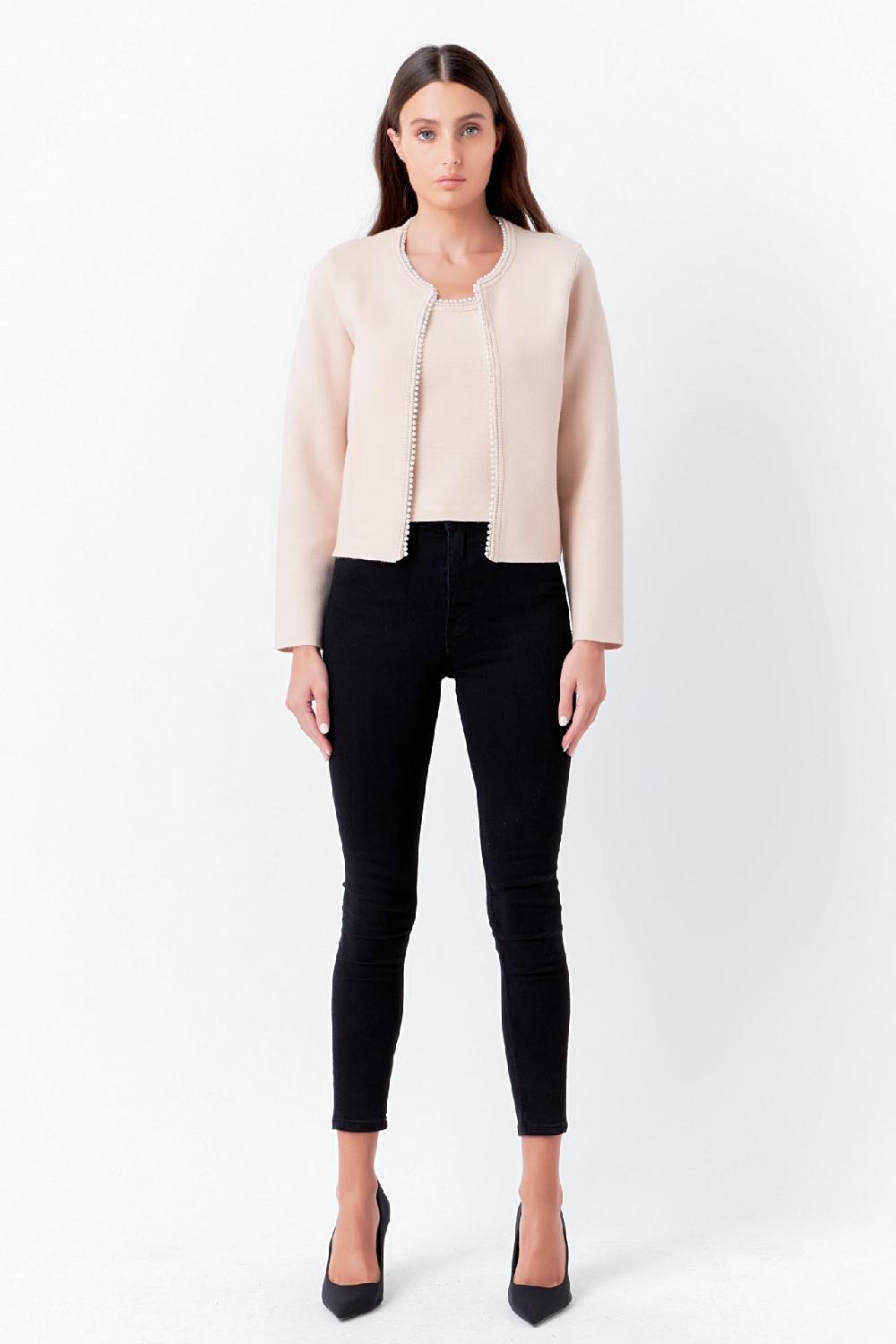 endless rose Pearl Trim Knit Cardigan TAUPE