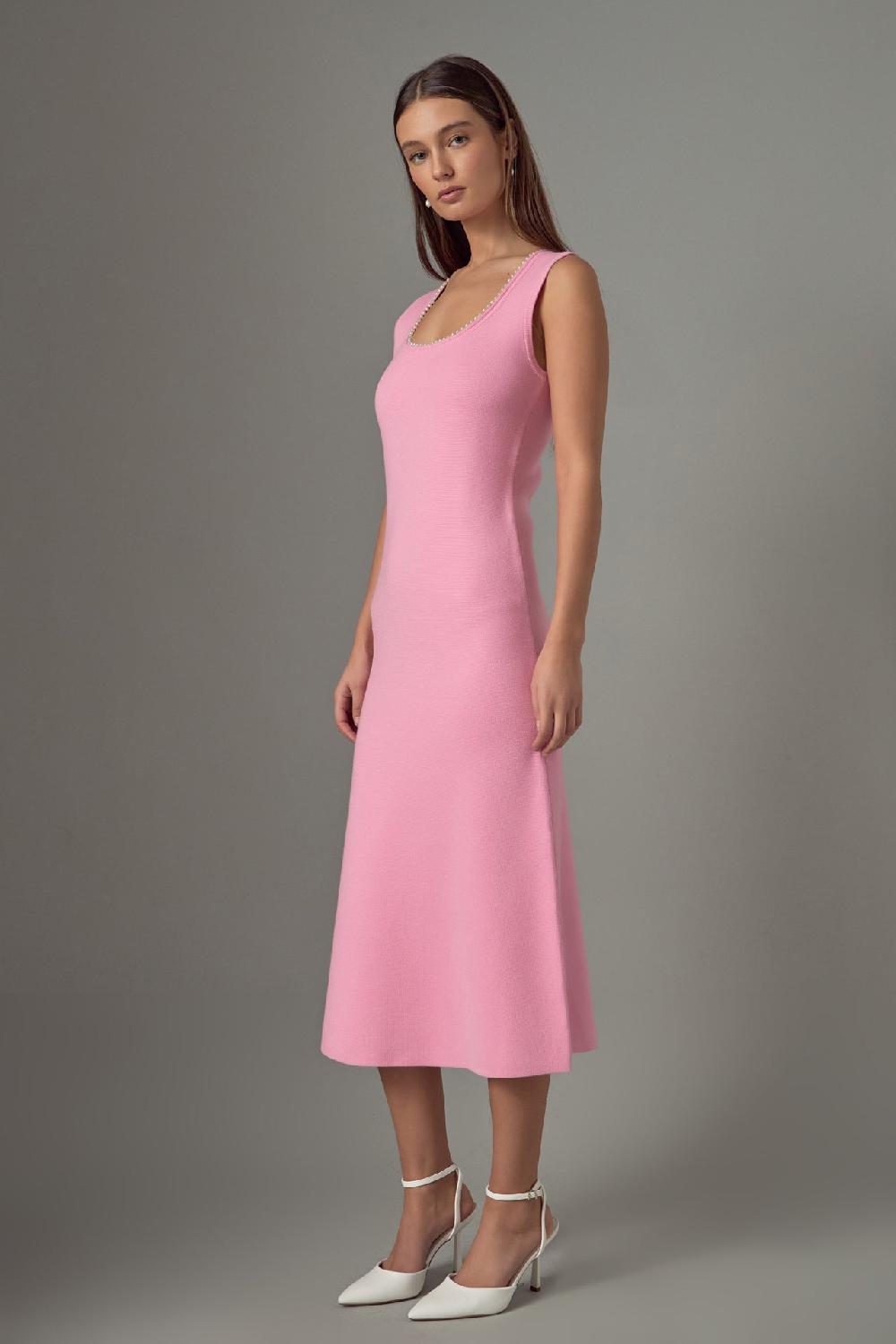 Endless Rose Pearl Trim Knit Midi Dress PINK