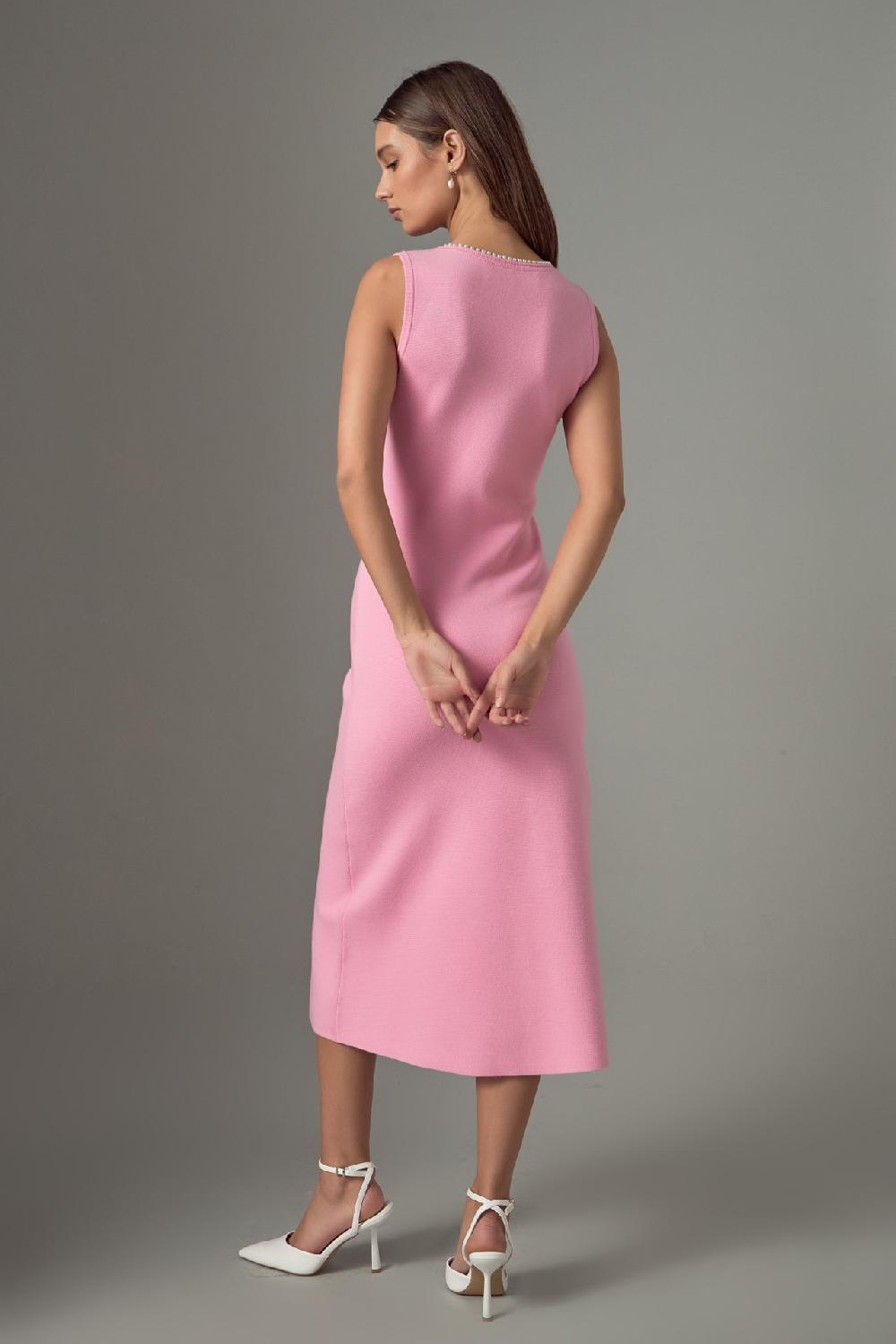 Endless Rose Pearl Trim Knit Midi Dress PINK