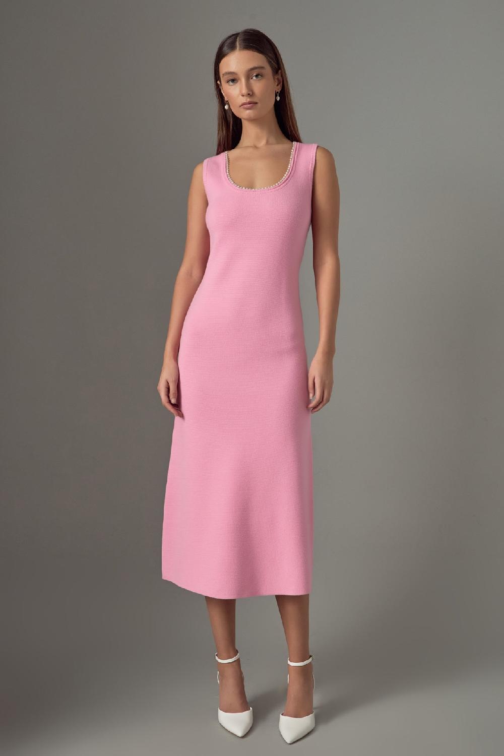 endless rose Pearl Trim Knit Midi Dress PINK
