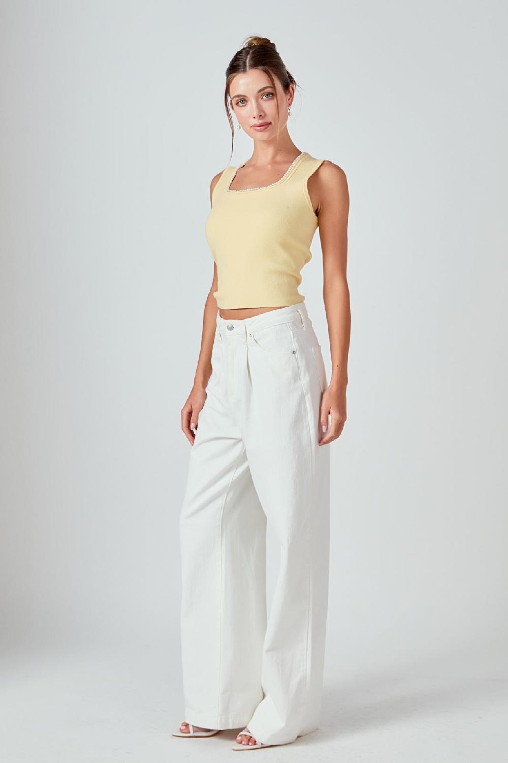 Endless Rose Pearl Trim Knit Tank Top BUTTER