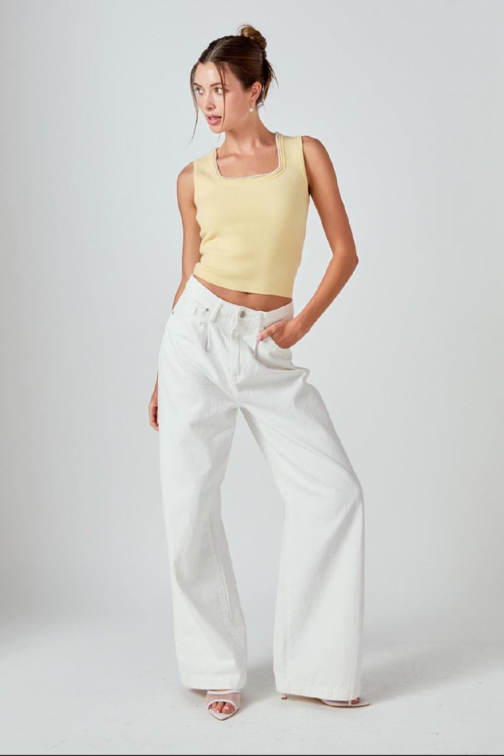 endless rose Pearl Trim Knit Tank Top BUTTER