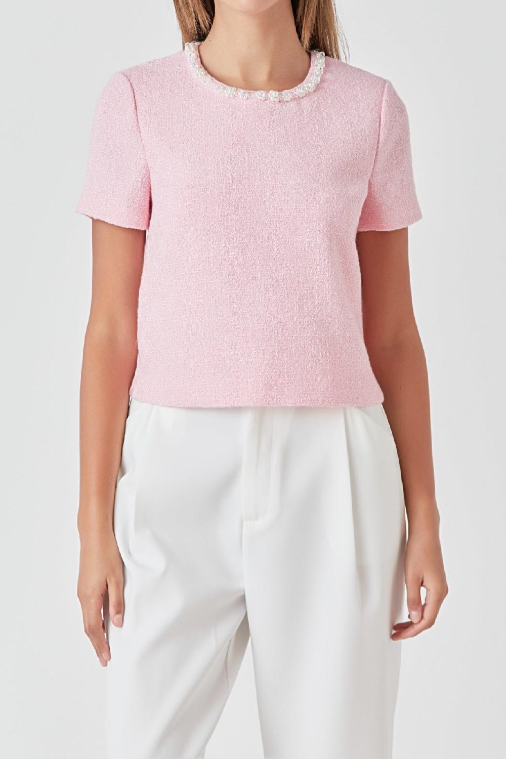 Endless Rose Pearl Trim Linen Top PINK