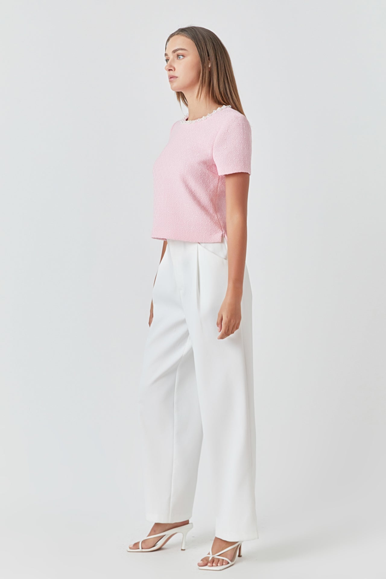 Endless Rose Pearl Trim Linen Top PINK