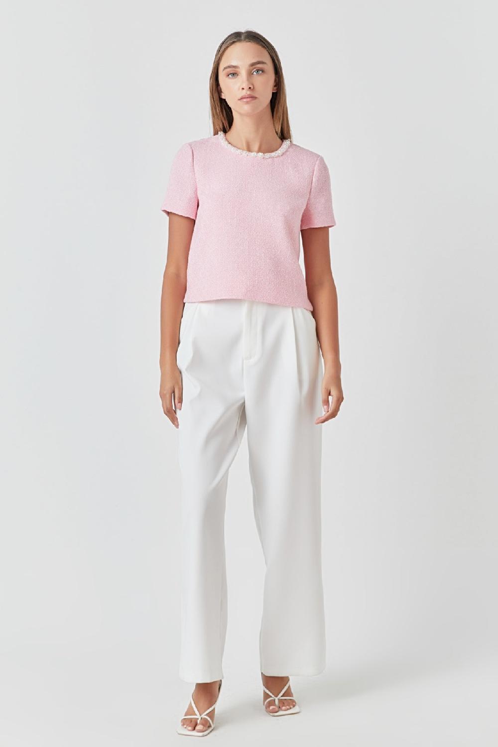 endless rose Pearl Trim Linen Top PINK