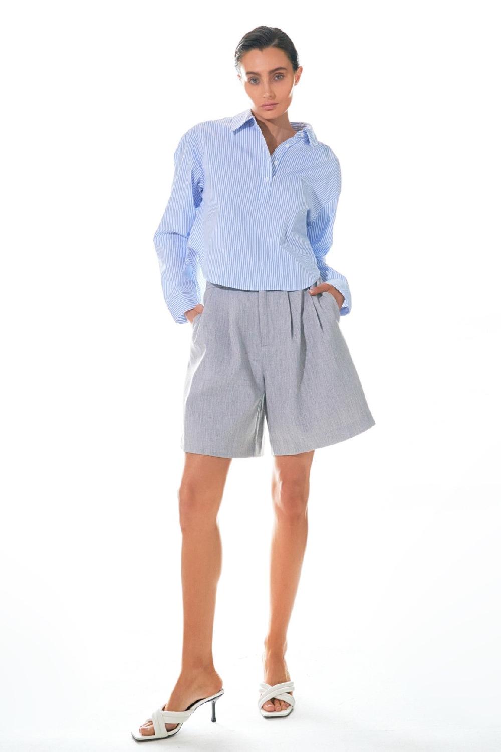 Endless Rose Pinstripe Cropped Collared Shirt BLUE