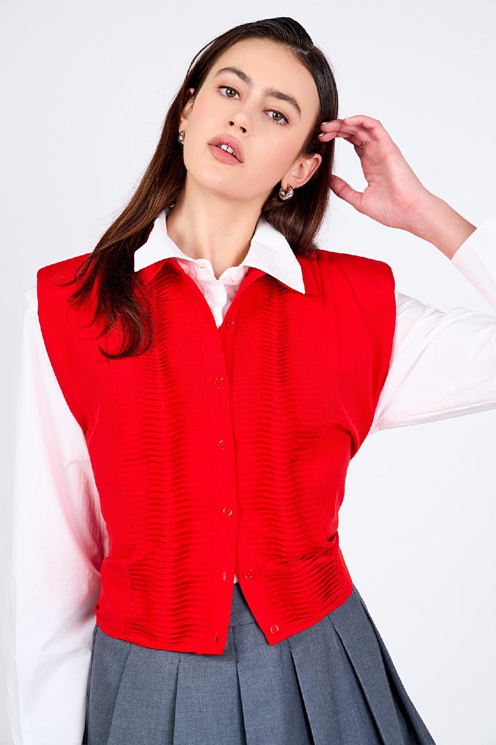 endless rose Pintuck Details Sleeveless Blouse RED