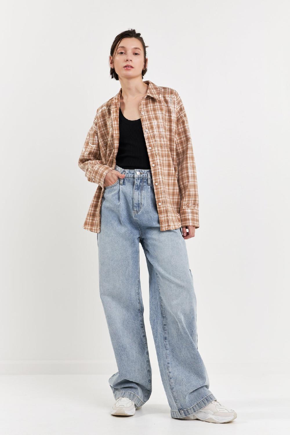 Endless Rose Plaid Sequin Shirts TAN