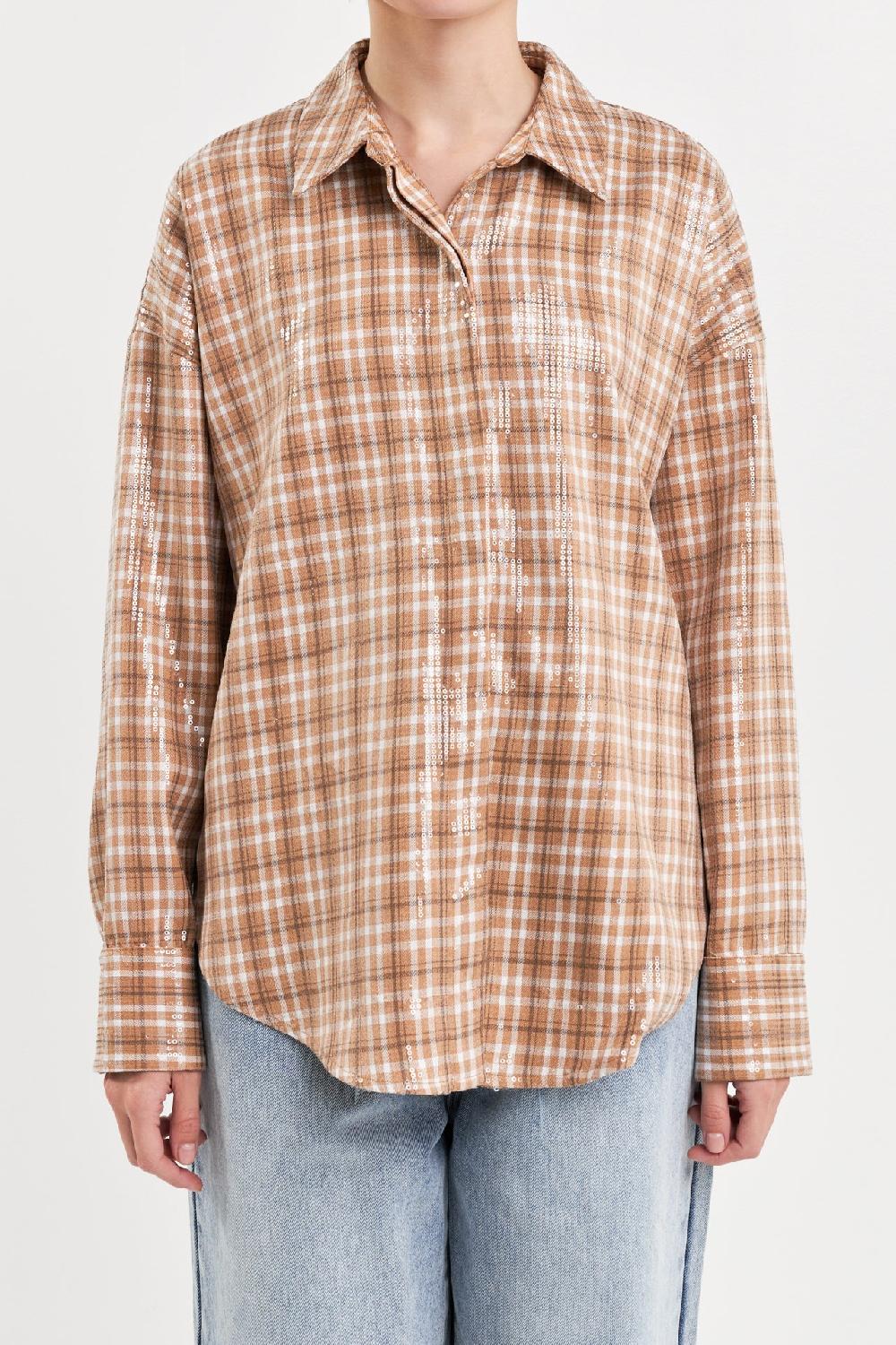 Endless Rose Plaid Sequin Shirts TAN