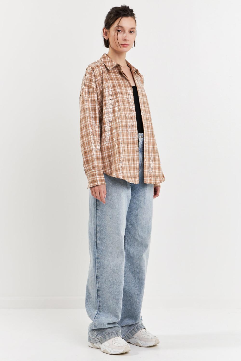 Endless Rose Plaid Sequin Shirts TAN
