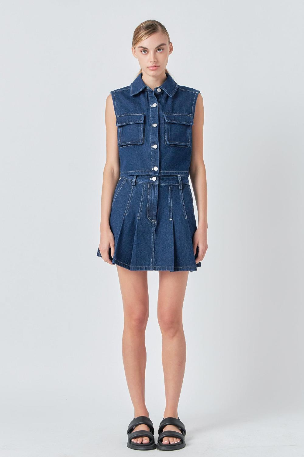 Endless Rose Pleated Denim Mini Skirt DARK NAVY