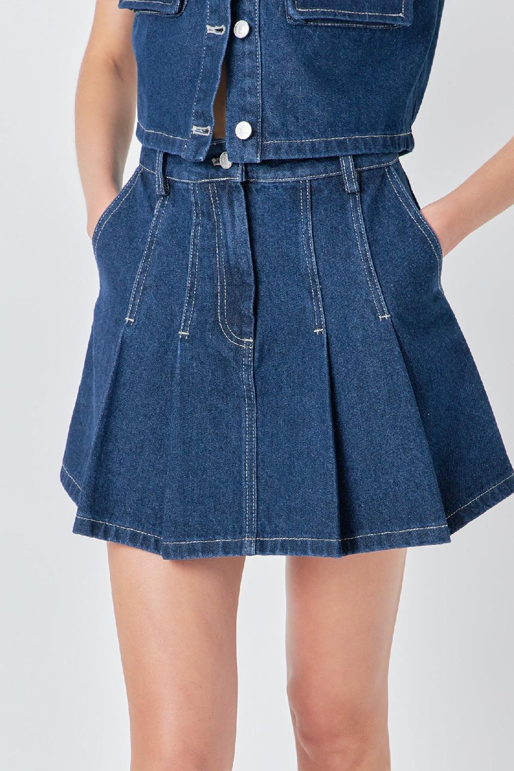 Endless Rose Pleated Denim Mini Skirt DARK NAVY