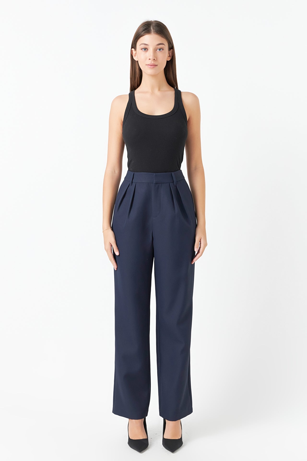 endless rose Pleated High Waist Trousers NAVY