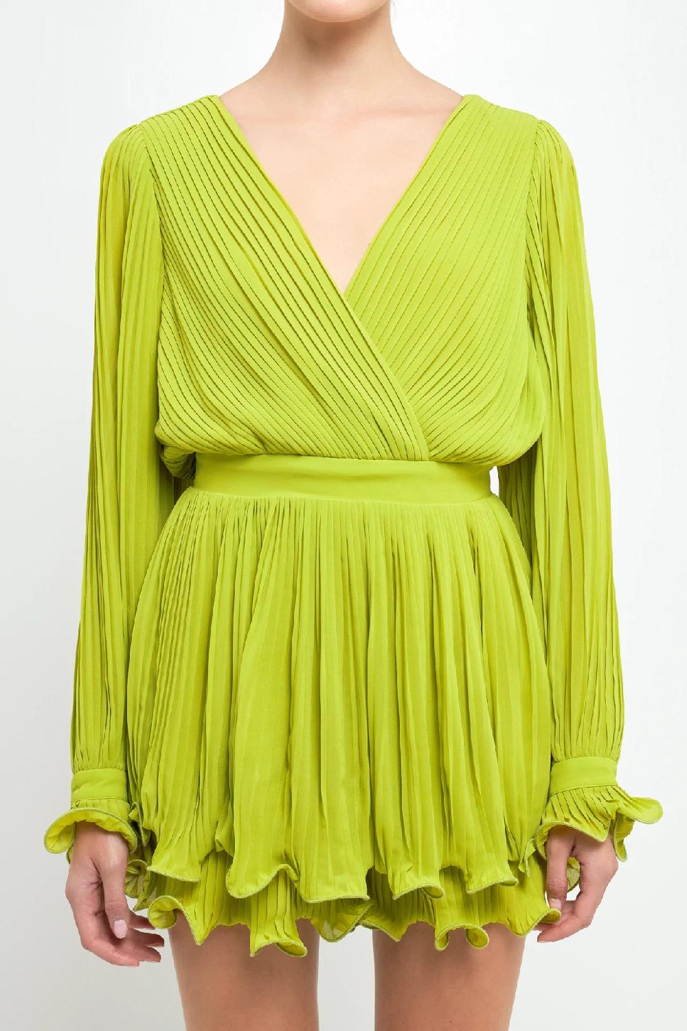 Endless Rose Pleated Long-Sleeve Romper LIME