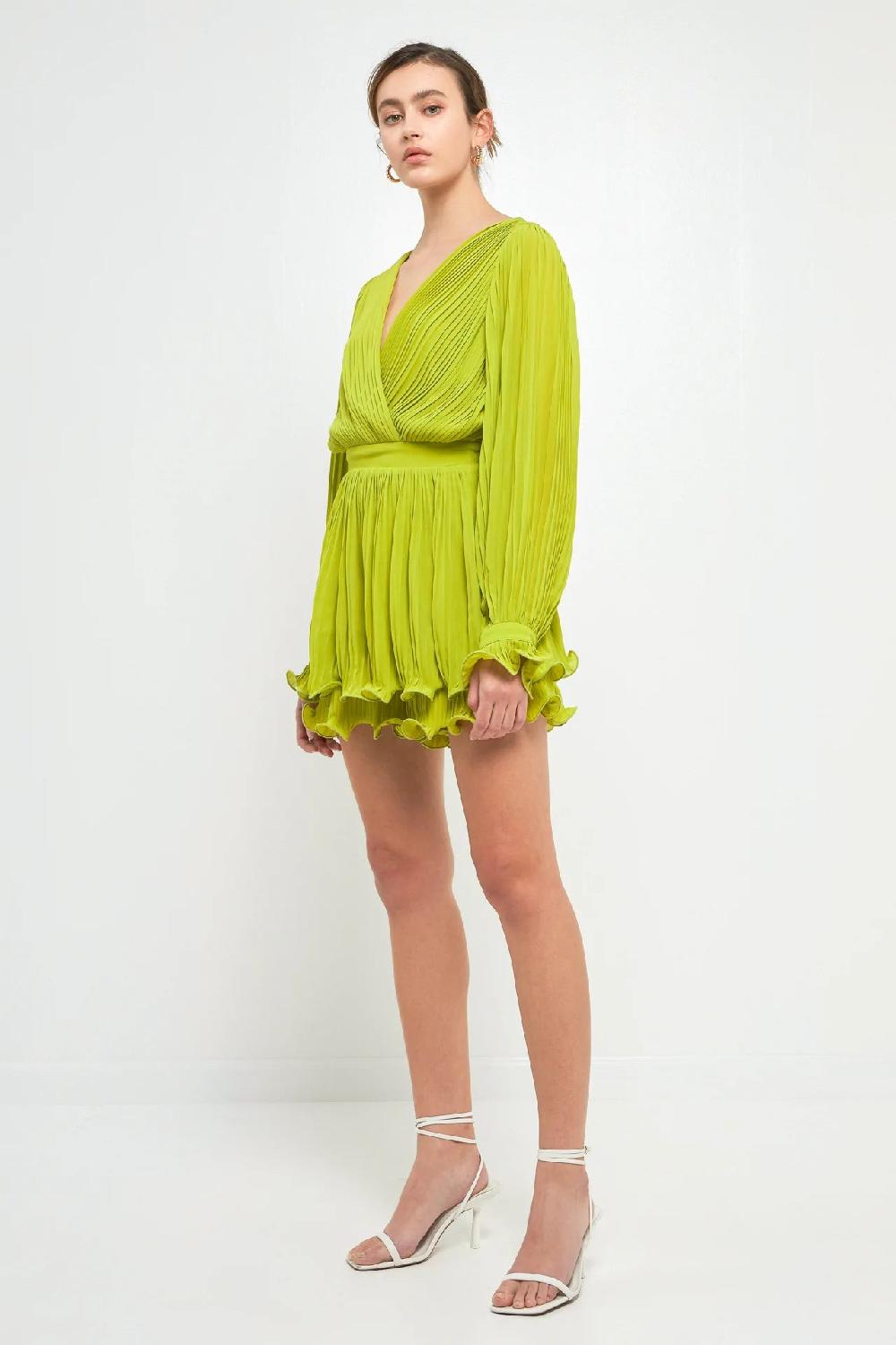 Endless Rose Pleated Long-Sleeve Romper LIME