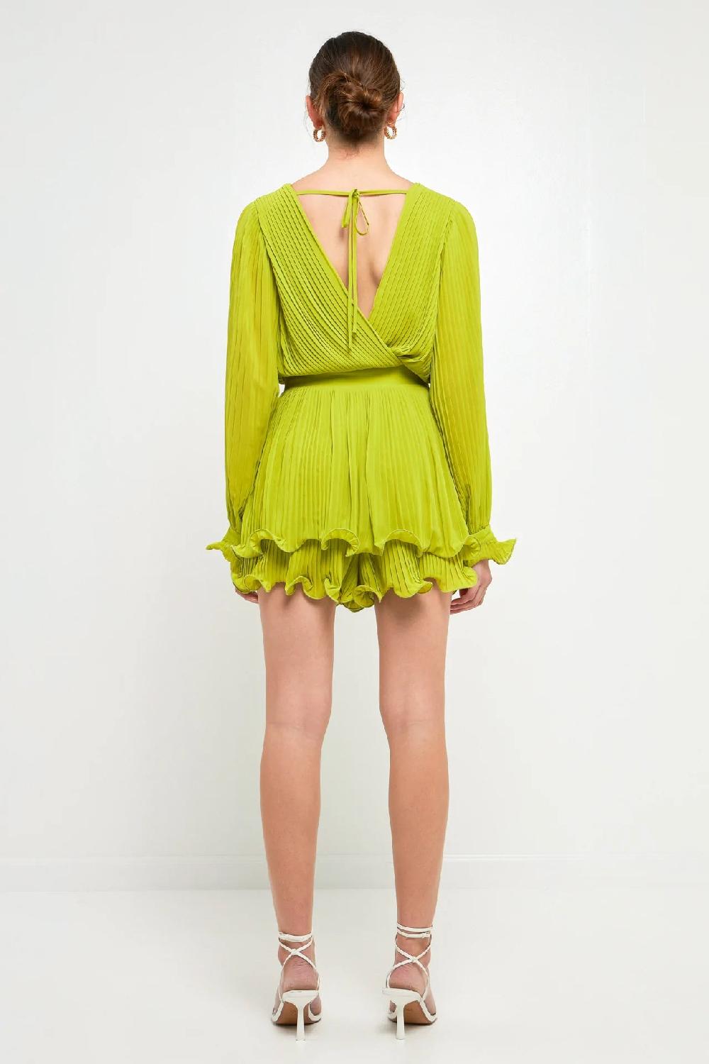 Endless Rose Pleated Long-Sleeve Romper LIME